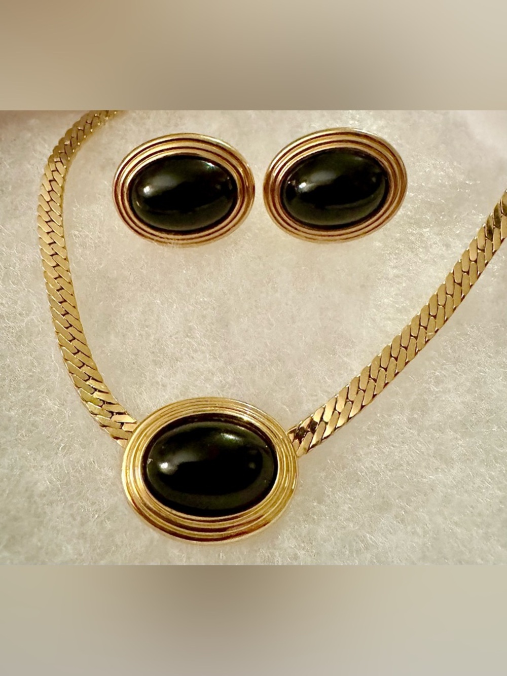 Dior Vintage Black Onyx Oval Gem 18k Plated Herringbone Necklace & Earring Set